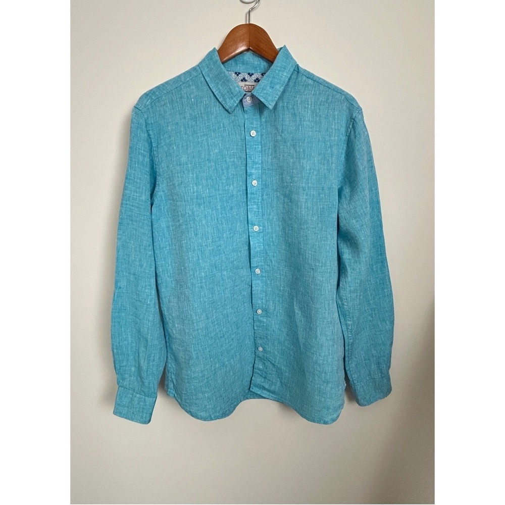 Tobias Linen Button Down Shirt Mens Medium Turquoise Long Sleeve Casual Vacation